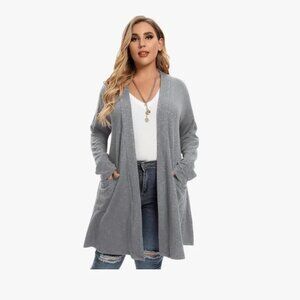 Share Larace Long Sleeved Grey Open Ribbed Knit Plus Size Mid-Length Cardigan Sz